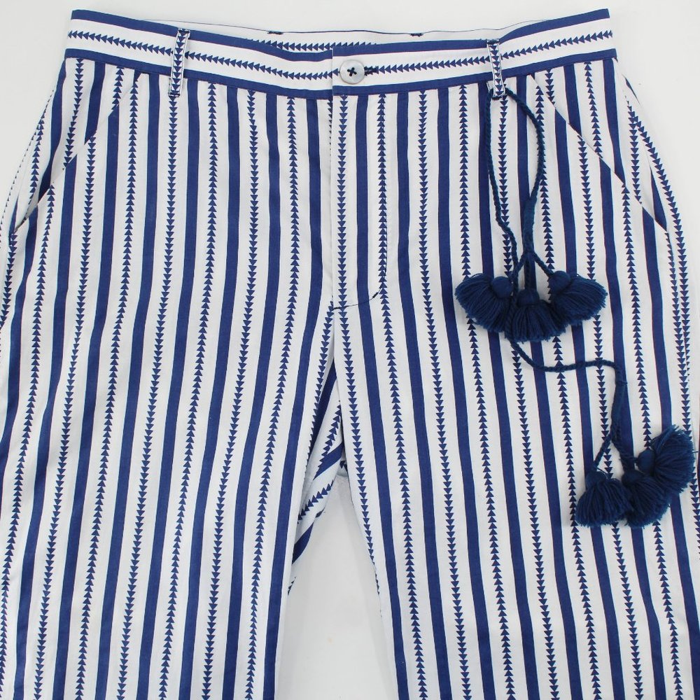 FIGUE Zuri Pants Blue White  Striped Cotton Tassel Mid-rise Casual Pockets SZ 8 - Picture 2 of 11